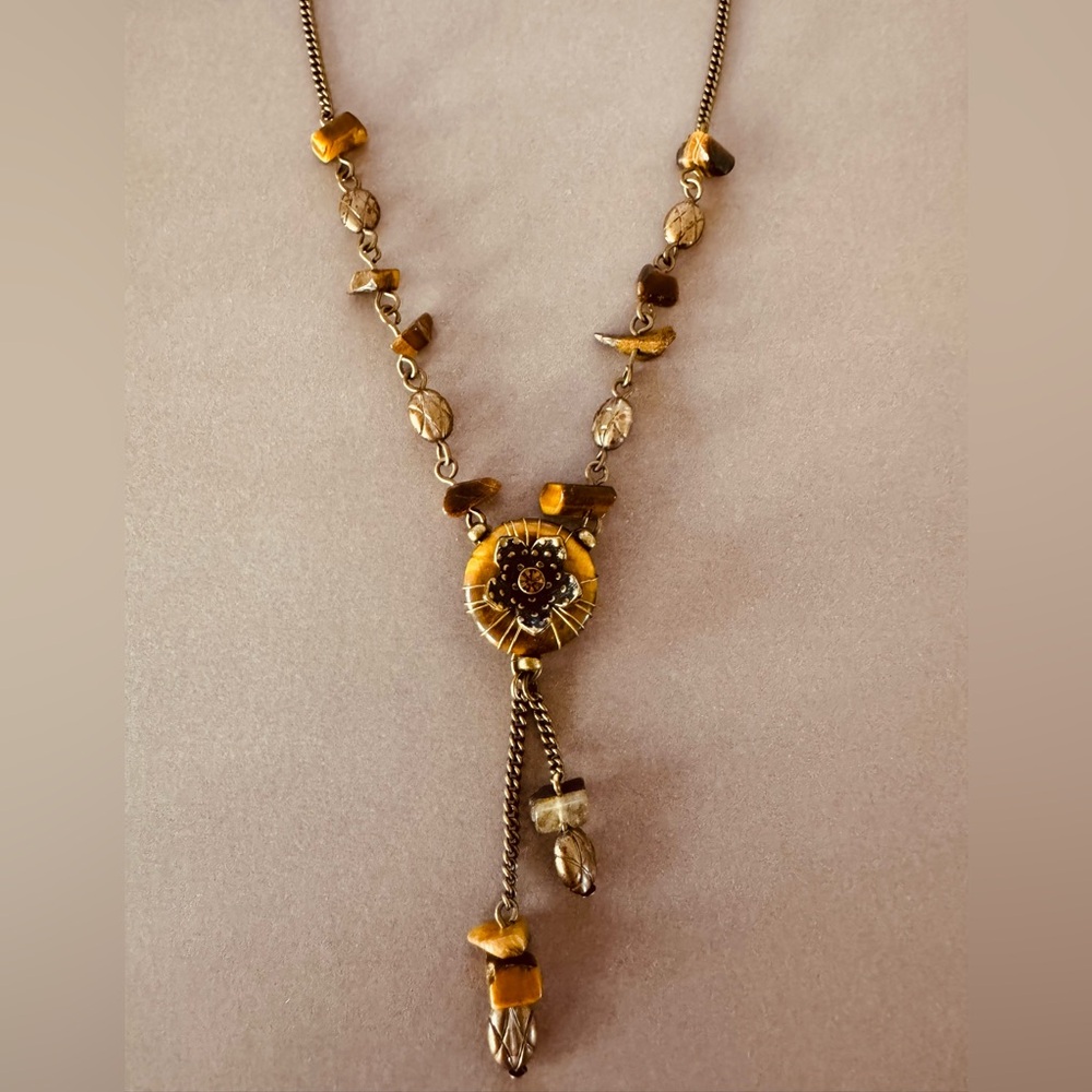 Brass Tone Tigers Eye Drop Necklace